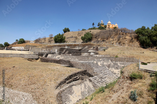 Ruins of Cholula pyramid with Church of Our Lady of Remedies at top of it, Cholula, Puebla, Mexico