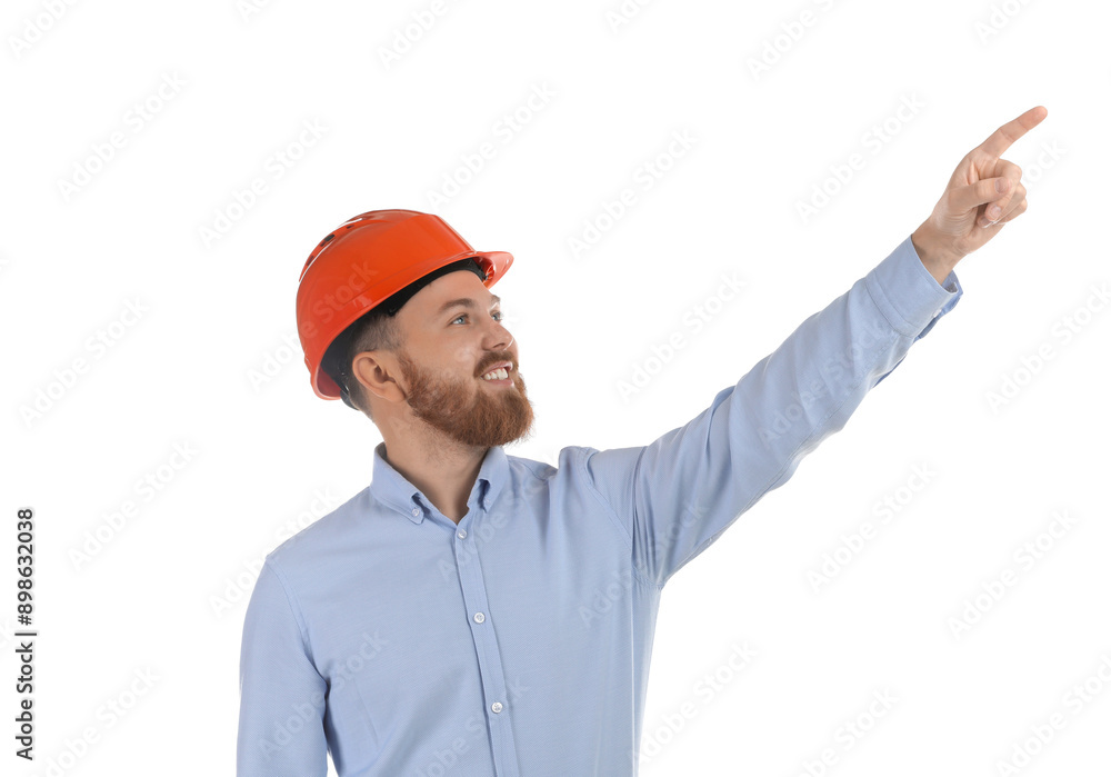 Engineer in hard hat pointing at something on white background
