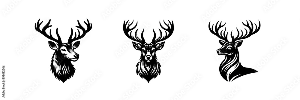 Set of Deer head silhouette image Icon, isolated over on transparent white background Set of Deer head silhouette image Icon, isolated over on transparent white background