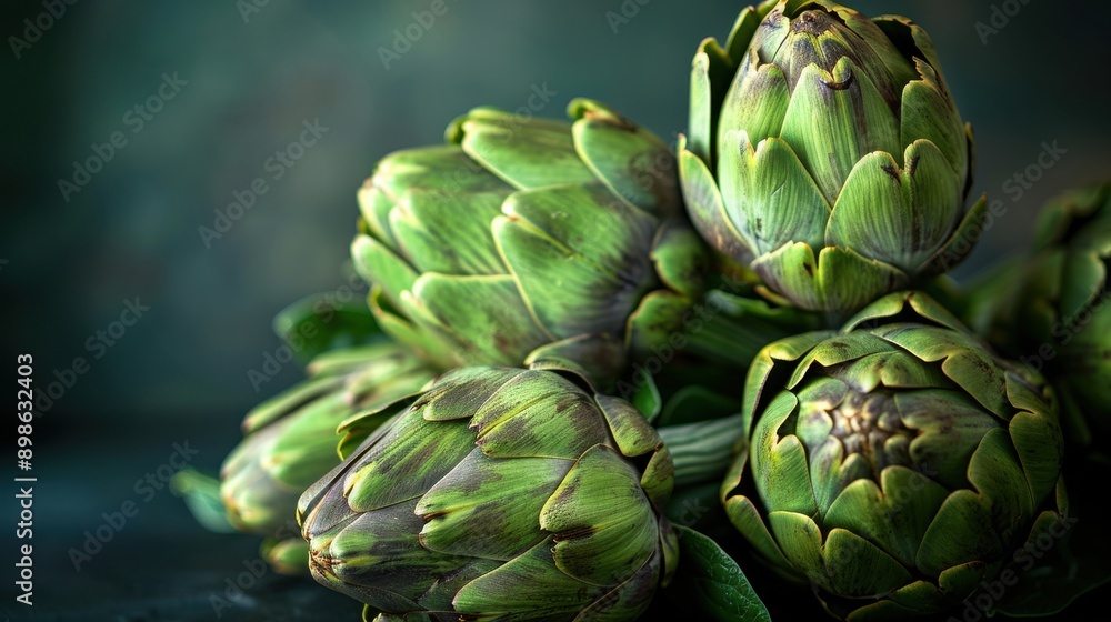 Fototapeta premium A bunch of green artichokes are displayed on a table