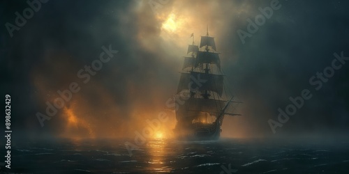 fantasy pirate ship in cloud, art illustration of big ancient pirate ship sailing on rough sea photo