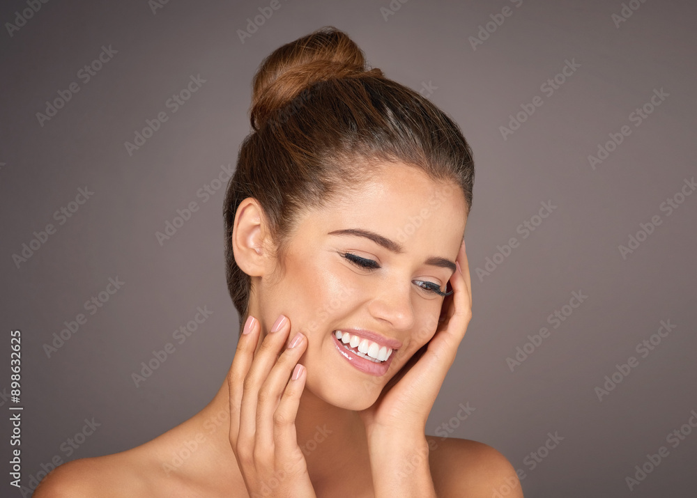 Beauty, skincare and woman touch face in studio for cosmetics, wellness and satisfaction. Aesthetic, spa and happy person with hands on skin for dermatology, salon and makeup on gray background Beauty, skincare and woman touch face in studio for cosmetics, wellness and satisfaction. Aesthetic, spa and happy person with hands on skin for dermatology, salon and makeup on gray background
