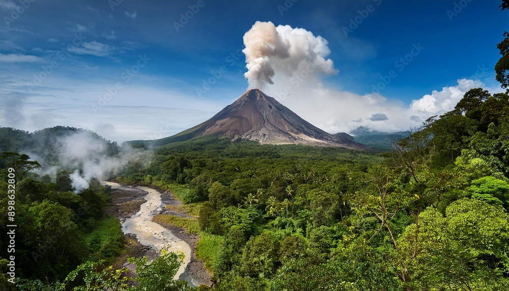 Obraz premium Un imponente volcán activo rodeado de selva tropical