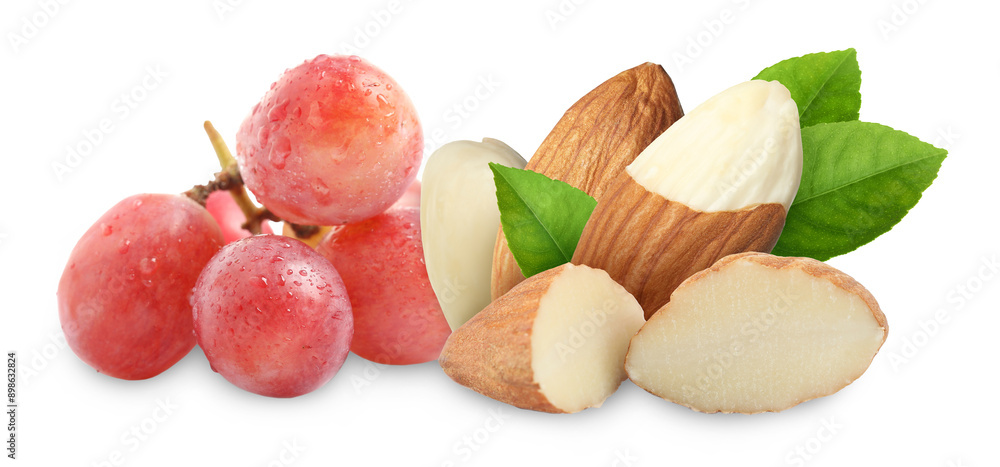 Almonds and pink grapes isolated on white Almonds and pink grapes isolated on white