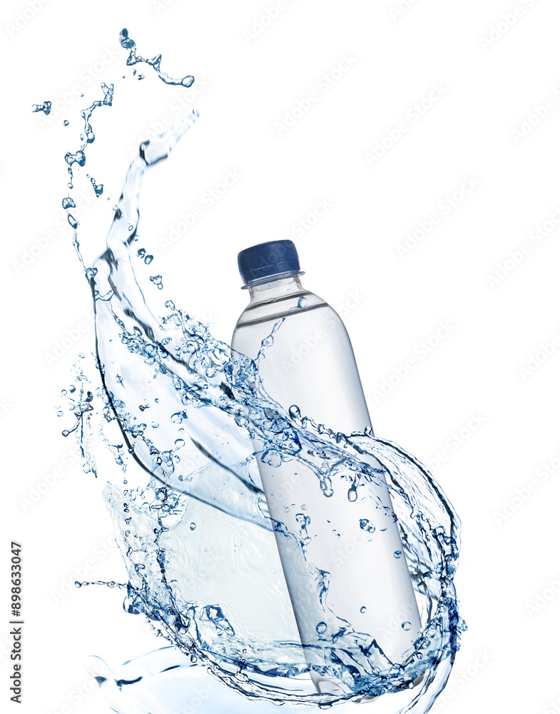 Bottle of water and splashes in air on white background
