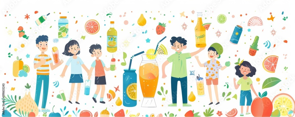 Group of happy children enjoying refreshing drinks with fruits and summer vibes Group of happy children enjoying refreshing drinks with fruits and summer vibes