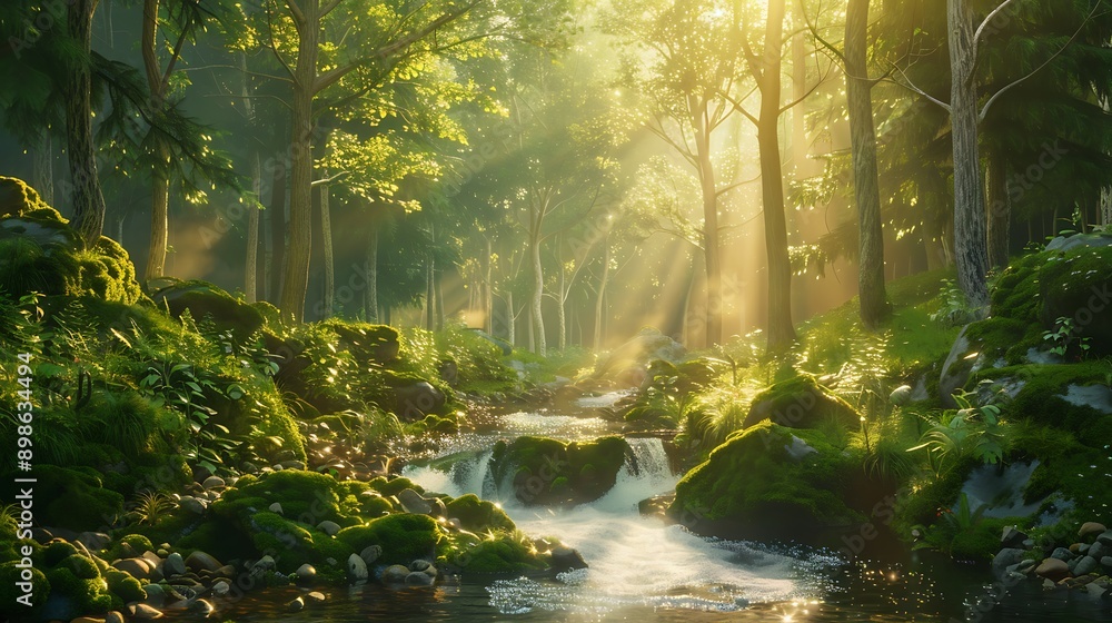 A tranquil forest glade with a small stream, moss-covered rocks, and sunlight filtering through the trees. A tranquil forest glade with a small stream, moss-covered rocks, and sunlight filtering through the trees.