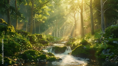 A tranquil forest glade with a small stream, moss-covered rocks, and sunlight filtering through the trees.