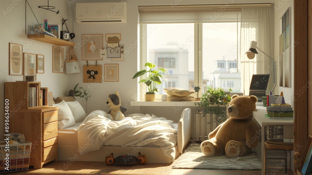 Boy's room, white, brown, Queen bed, desk, flat orientation,hardcover, bear in front of window Boy's room, white, brown, Queen bed, desk, flat orientation,hardcover, bear in front of window