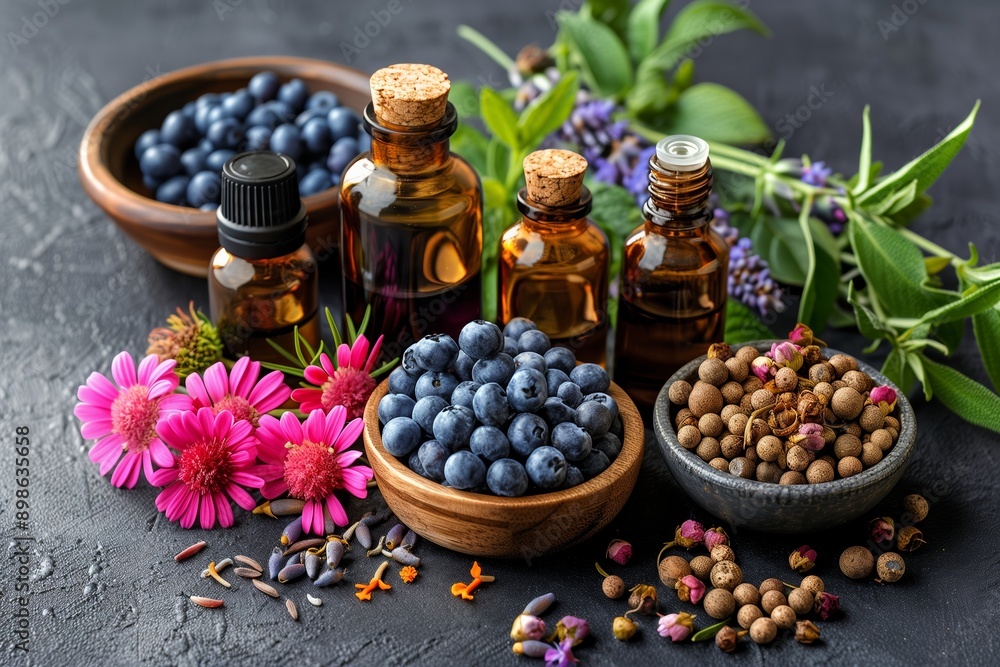 A vibrant assortment of natural wellness ingredients, including bowls of fresh blueberries and acai berries, essential oil bottles, and an array of colorful herbs and flowers. A vibrant assortment of natural wellness ingredients, including bowls of fresh blueberries and acai berries, essential oil bottles, and an array of colorful herbs and flowers.