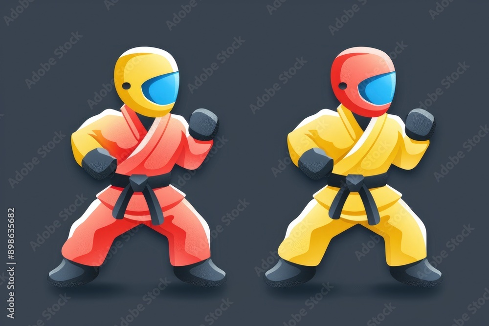 Cartoon Karate Fighters in Yellow and Red Suits Cartoon Karate Fighters in Yellow and Red Suits