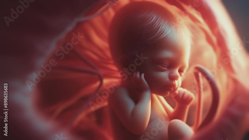 Artistic photorealistic clip of fetus in the womb. Early childhood, pregnancy, miracle of life, fertility, pro-choice, abortion rights and anti-abortion topics illustration. 