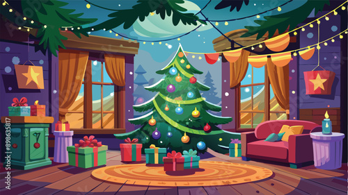 Stylishly decorated Christmas tree with fireplace interiors with a Christmas tree, lights and gifts under the tree. Generative AI