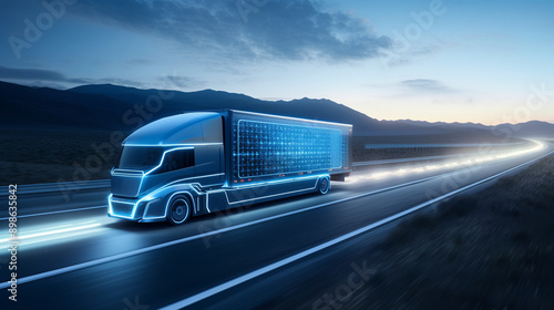 The futuristic blue truck is traveling on the highway. Generated Ai