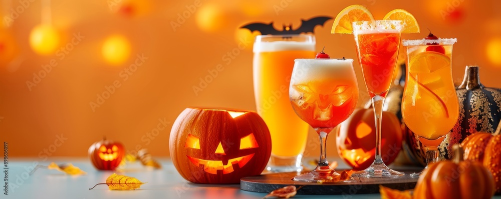 Festive Halloween cocktails with a spooky jack-o'-lantern and vibrant bokeh background Festive Halloween cocktails with a spooky jack-o'-lantern and vibrant bokeh background