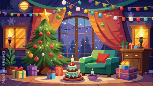 Stylishly decorated Christmas tree with fireplace interiors with a Christmas tree, lights and gifts under the tree. Generative AI