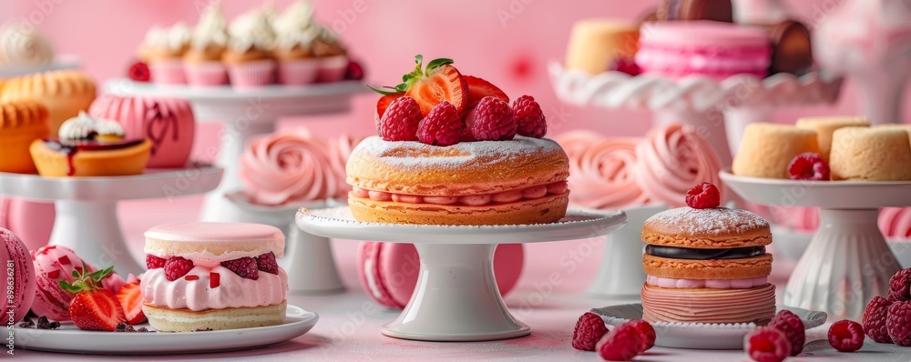 Assorted delicious pastries and desserts with berries on elegant multi-tiered stands Assorted delicious pastries and desserts with berries on elegant multi-tiered stands