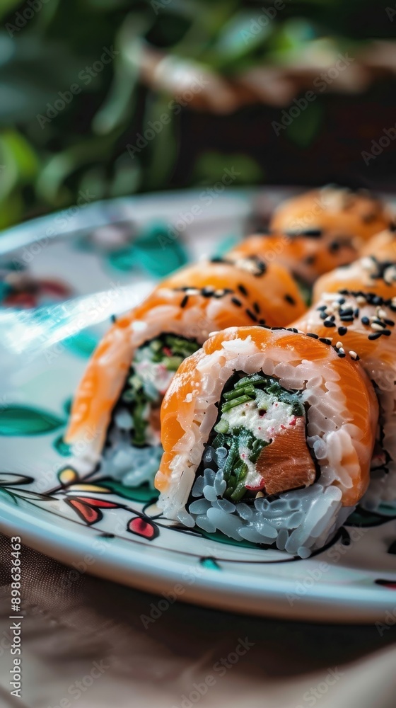 Delicious sushi rolls served on a decorative plate, showcasing fresh ingredients and vibrant colors to entice food lovers. Delicious sushi rolls served on a decorative plate, showcasing fresh ingredients and vibrant colors to entice food lovers.