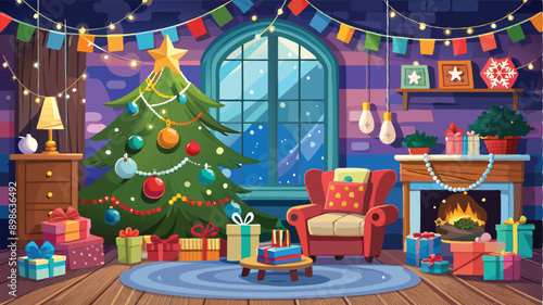 Stylishly decorated Christmas tree with fireplace interiors with a Christmas tree, lights and gifts under the tree. Generative AI