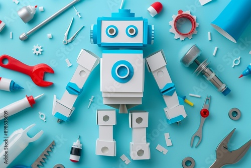 A robotics club with students building a paper cut robot and tools on a light blue background a moment of creation