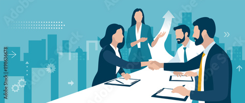 Growth. Agreement. Business people shaking hands after signing contract. The table transforms into a rising arrow sign. Concept business vector illustration. 