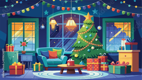 Stylishly decorated Christmas tree with fireplace interiors with a Christmas tree, lights and gifts under the tree. Generative AI