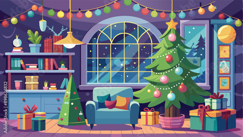 Stylishly decorated Christmas tree with fireplace interiors with a Christmas tree, lights and gifts under the tree. Generative AI