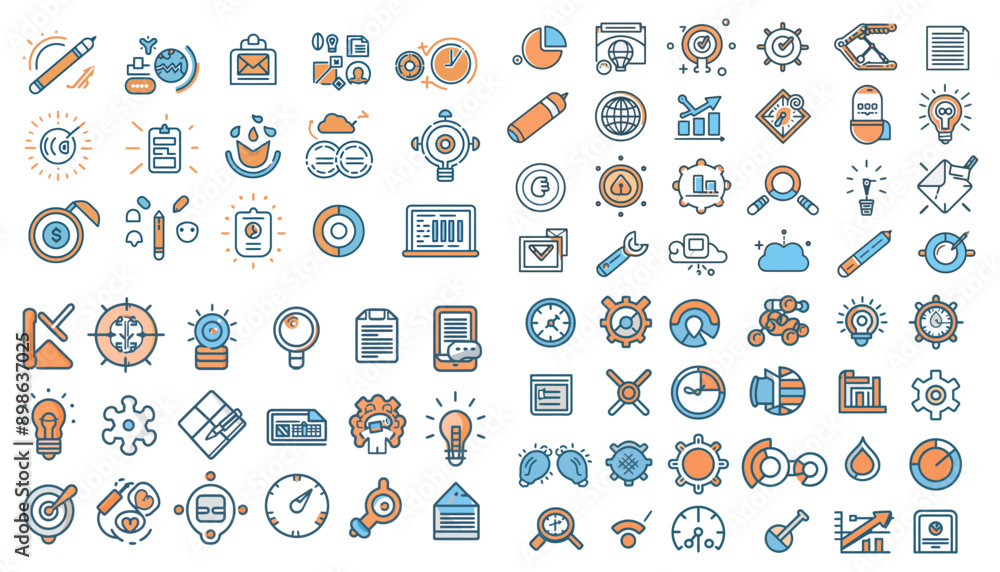 Fototapeta premium Productivity collection icons set. Containing prioritization,deadline,procrastination,efficiency, productivity,schedule,task list,empathy, passionvision,leadership.Simple flat vector illustration.