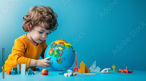 A child playing with a globe puzzle and paper cut landmarks on a bright blue background a fun geography learning activity