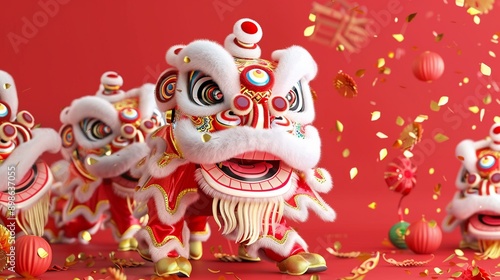 A Chinese new year lion dance with 3D models of a lion costume and performers on a bright red background a moment of festivity