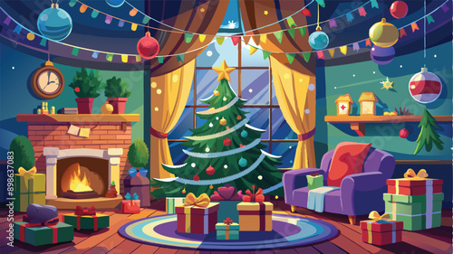 Stylishly decorated Christmas tree with fireplace interiors with a Christmas tree, lights and gifts under the tree. Generative AI