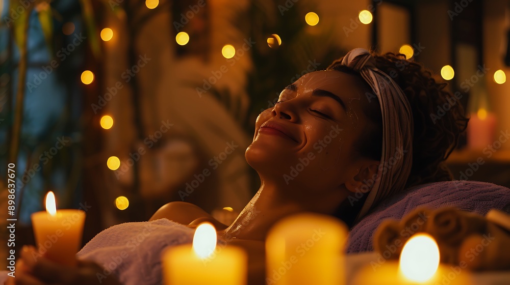A woman practicing self-care by enjoying a spa day at home, with candles and relaxing music. A woman practicing self-care by enjoying a spa day at home, with candles and relaxing music.
