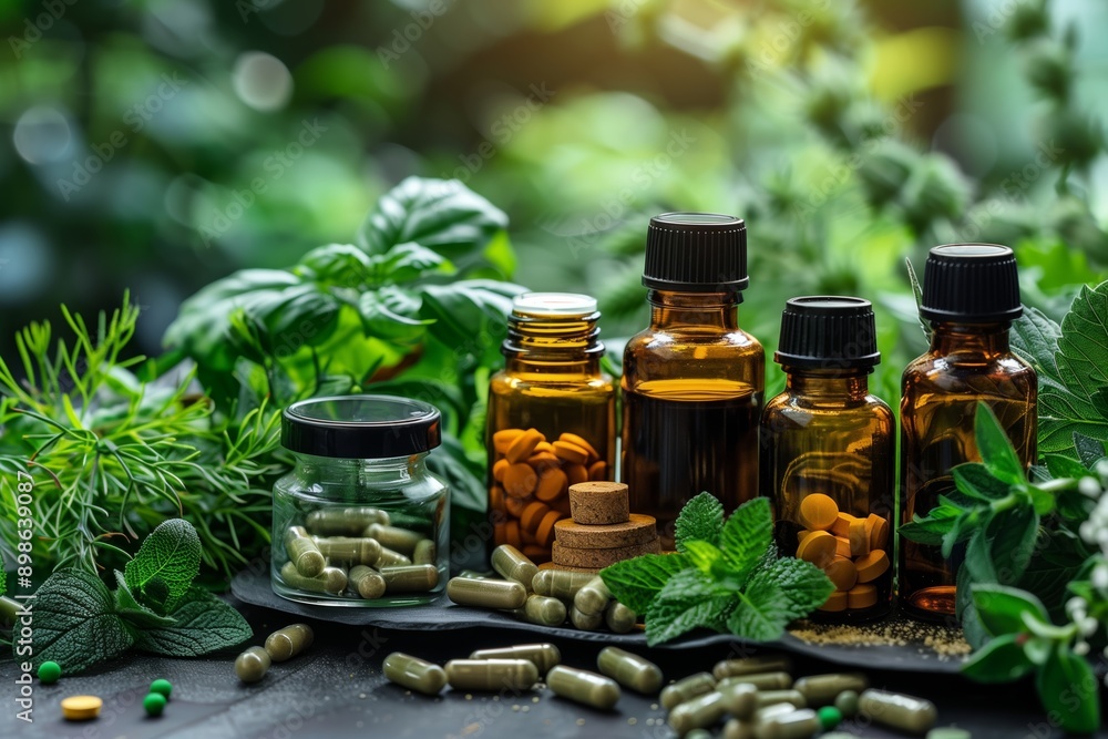 A selection of amber and green glass bottles containing herbal supplements, capsules, and tablets, displayed on a dark surface surrounded by fresh green leaves and plants. A selection of amber and green glass bottles containing herbal supplements, capsules, and tablets, displayed on a dark surface surrounded by fresh green leaves and plants.