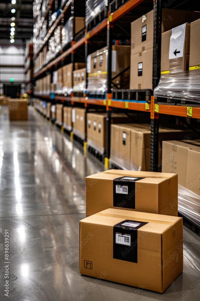 Modern warehouse interior with stacked shelves, brown boxes, and a polished floor, showcasing efficient logistics and storage solutions. Modern warehouse interior with stacked shelves, brown boxes, and a polished floor, showcasing efficient logistics and storage solutions.
