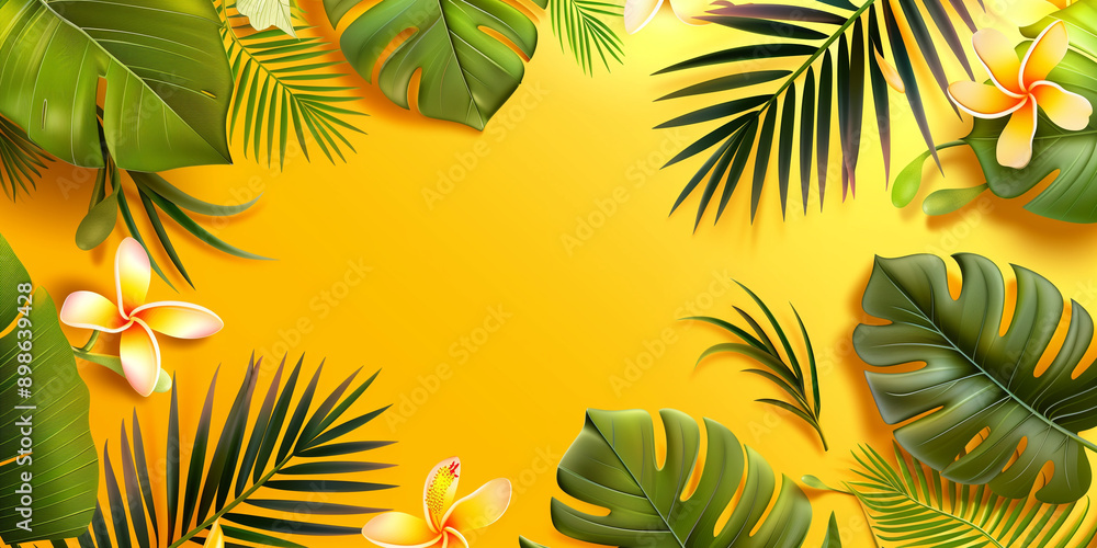 Fototapeta premium Stunning yellow backdrop adorned with an array of tropical leaves and flowers, capturing the essence of an exotic paradise. The vibrant design radiates warmth and energy.
