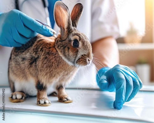 Veterinarian examining a rabbit with gloves, sunlight in the background, animal care and medical check-up concept photo