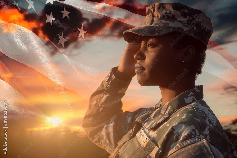 A woman in a military uniform is saluting the American flag. Concept of patriotism and pride in one's country A woman in a military uniform is saluting the American flag. Concept of patriotism and pride in one's country