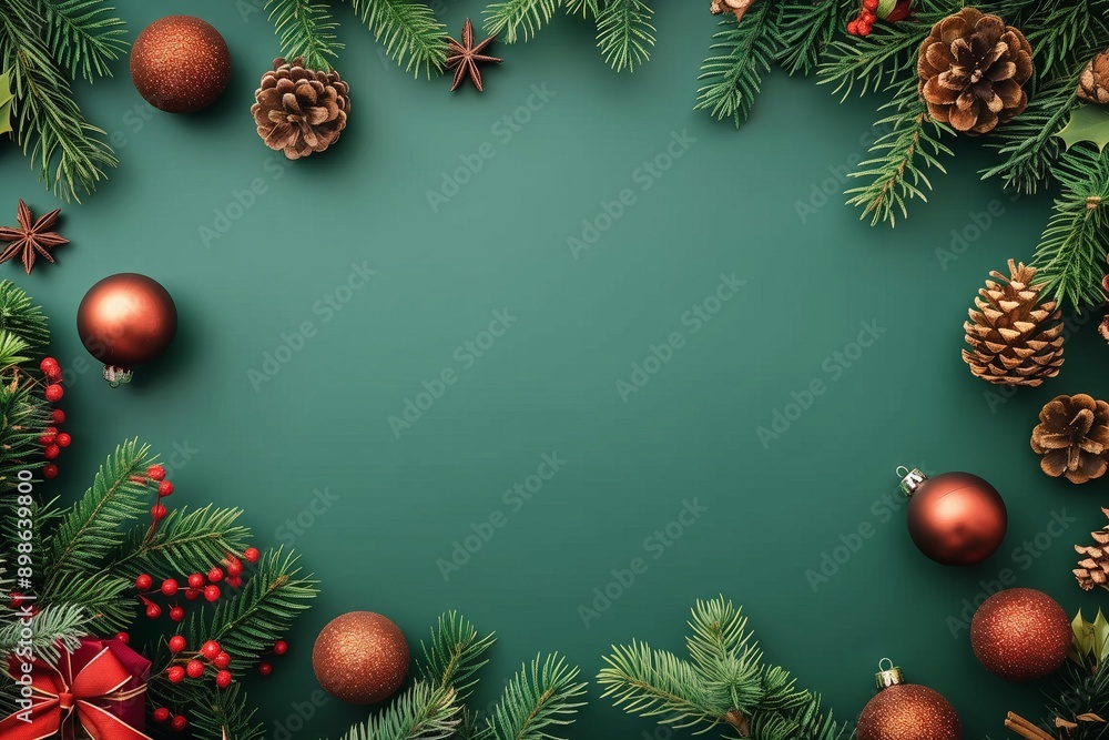 A green background with a Christmas tree and red and gold ornaments. The tree is surrounded by a frame of green leaves A green background with a Christmas tree and red and gold ornaments. The tree is surrounded by a frame of green leaves
