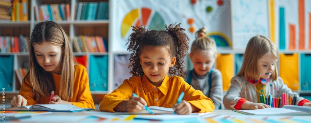 Fototapeta premium Diverse group of children happily engaged in educational activities in a classroom