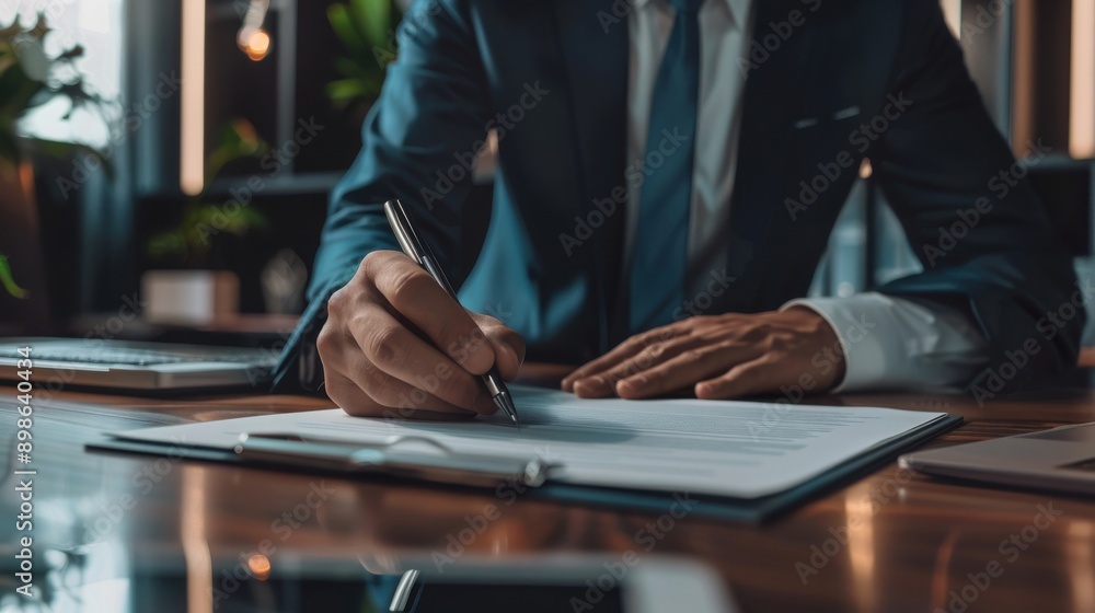 A professional man in a suit signing important documents at a modern office desk, emphasizing business and success. A professional man in a suit signing important documents at a modern office desk, emphasizing business and success.