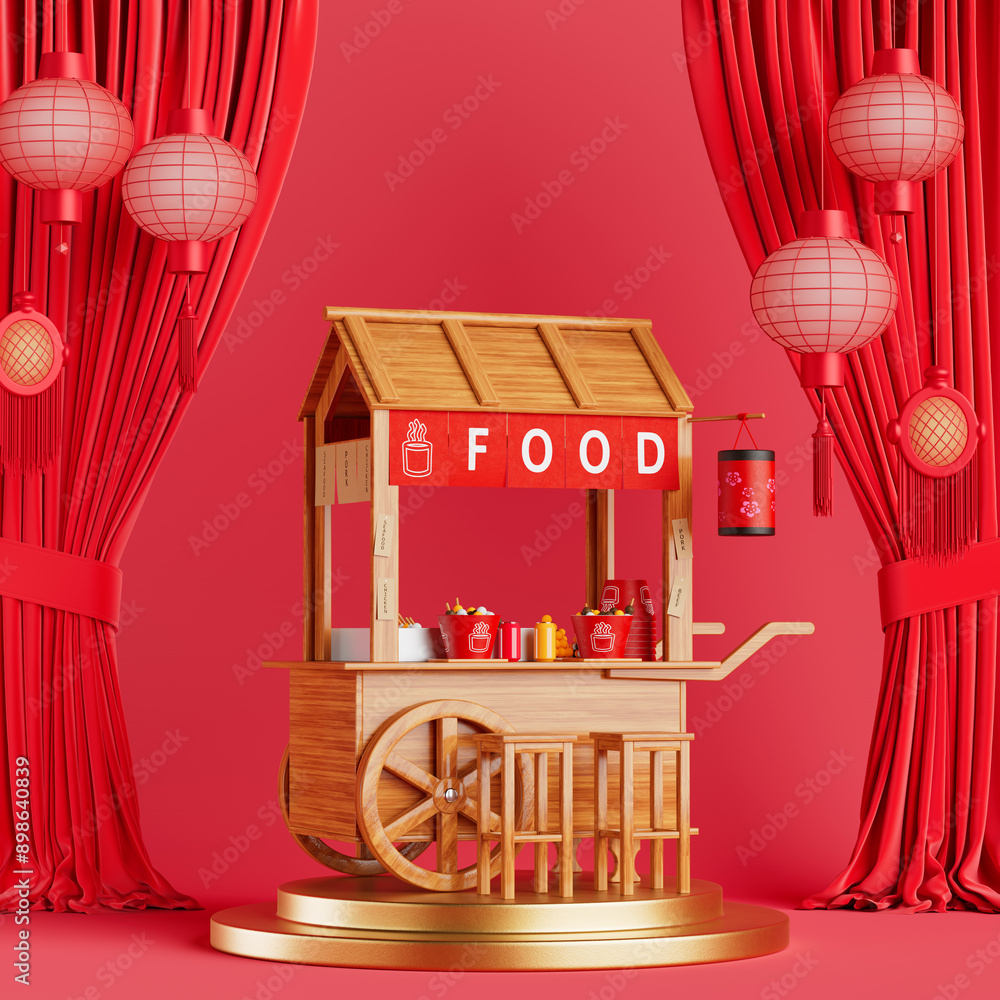 Φωτογραφία Asian Wooden Street Food Meatball Noodle Cart with Chairs on a Golden Product Display Podium with Red Curtains and  Lanterns in China Style