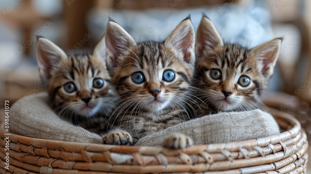Three adorable kittens with blue eyes are huddled together in a wicker basket, looking curious Three adorable kittens with blue eyes are huddled together in a wicker basket, looking curious
