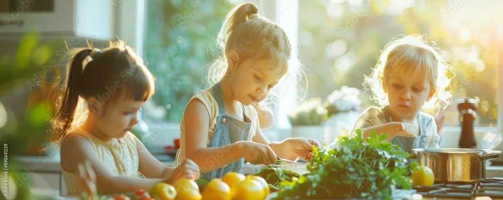 © Georgii - Happy children cooking in a sunny kitchen with fresh vegetables and herbs