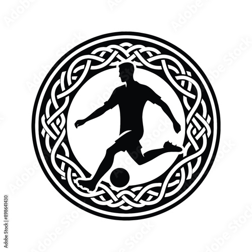 Soccer  male player in celtic knot pattern illustration, emblem shield badge