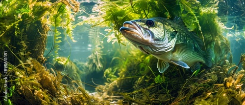 A detailed underwater scene featuring a bass fish surrounded by lush aquatic vegetation, capturing the beauty of an aquatic ecosystem