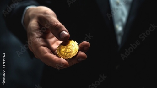 a man in a suit holding a gold coin