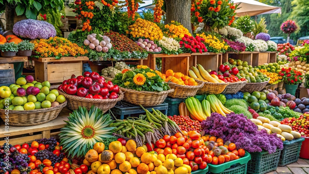 A stall with fall vegetables and produce. Bright colorful flowers and fruits. Appetizing A stall with fall vegetables and produce. Bright colorful flowers and fruits. Appetizing