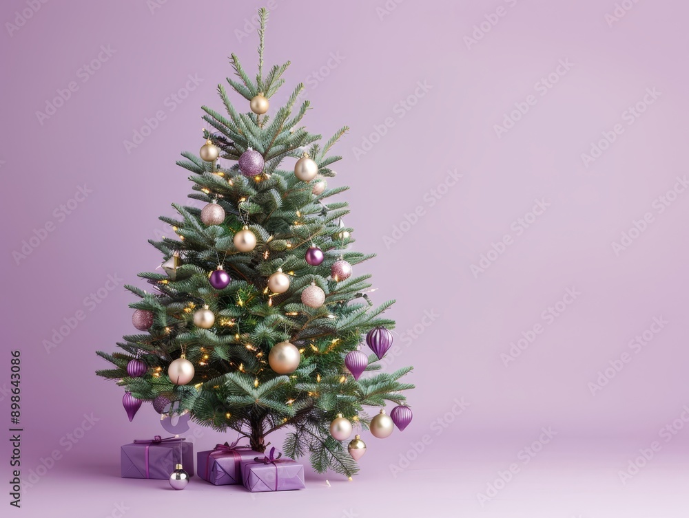 Modern Minimalistic Christmas Tree with Stylish Ornaments on Lavender Background Modern Minimalistic Christmas Tree with Stylish Ornaments on Lavender Background