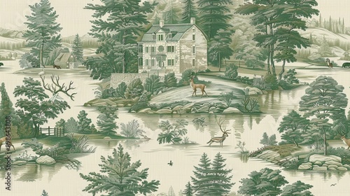 Enchanting Vintage Toile Woodland Scene with Deer Farmhouses and Serene Nature Imagery