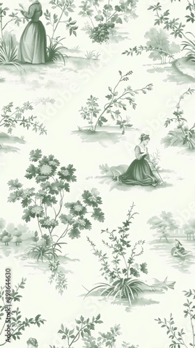 Elegant French Country Toile de Jouy Wallpaper Pattern with Pastoral Garden Scenes